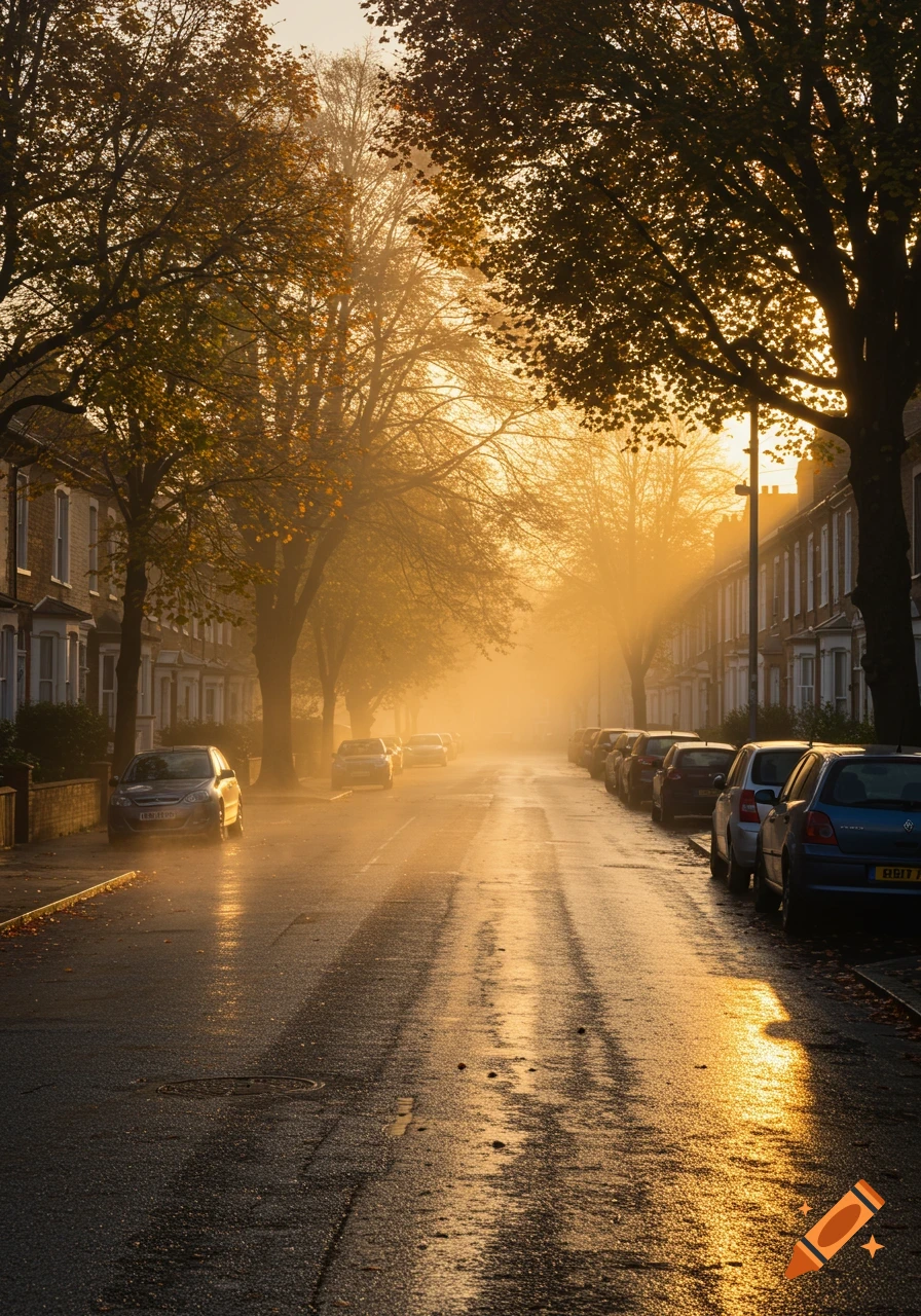 Photorealistic image of a wet suburban street at sunrise, with mist, golden light, and trees with autumn leaves.