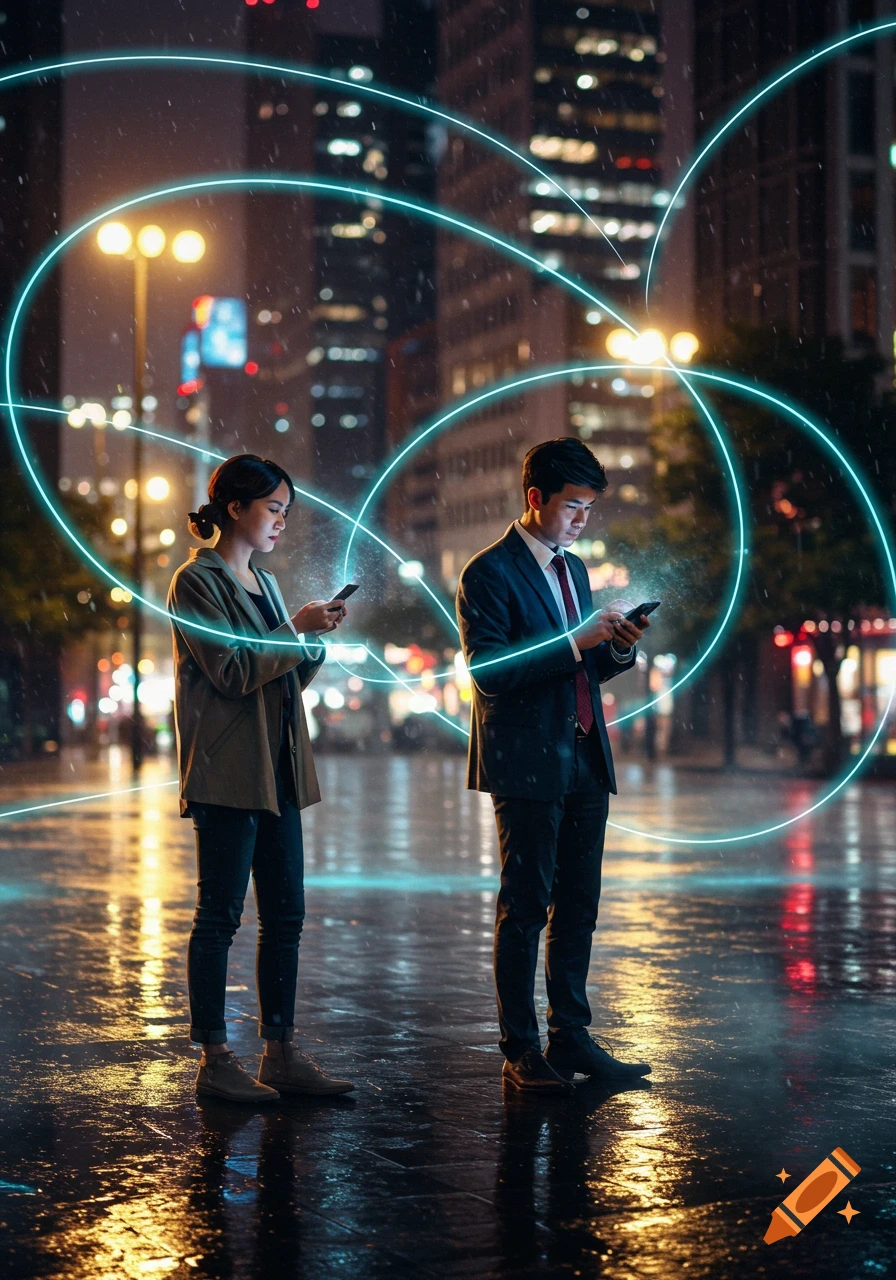 Two people use smartphones on a rainy city street at night, connected by glowing blue lines, photorealistic.