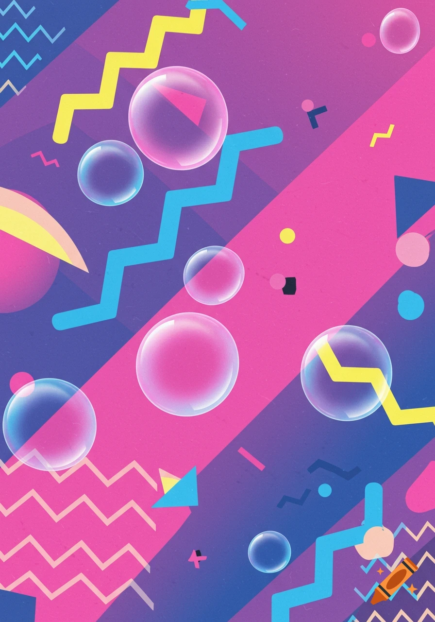 Vibrant abstract background in Memphis style featuring diagonal pink and blue stripes, yellow and blue zigzags, and translucent bubbles.