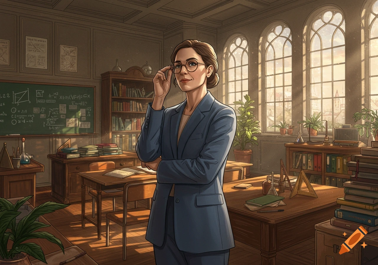 A female teacher wearing a suit and glasses stands in a detailed classroom with a blackboard, books, and arched windows. Illustrated style.