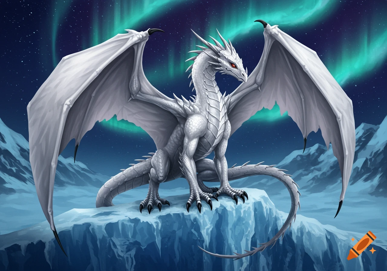 A majestic white dragon with red eyes and black claws sits on an ice formation under the aurora borealis.