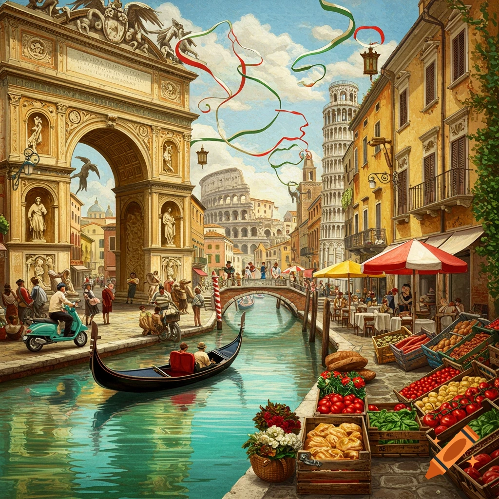 Vibrant, stylized illustration of an Italian cityscape with a canal, gondola, markets, and famous landmarks.