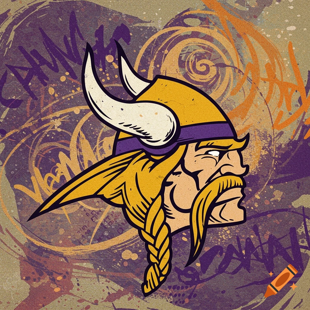 Stylized profile of a Viking head logo with a horned helmet and braided beard, set against a grunge background in purple and yellow.