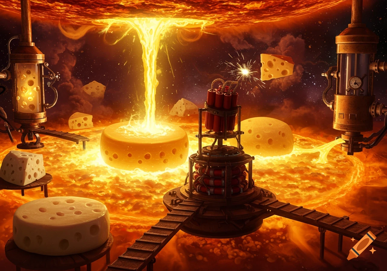 A surreal cheese lab inside a fiery sun, with glowing cheese wheels, intricate machinery, dynamite, and floating cheese wedges.