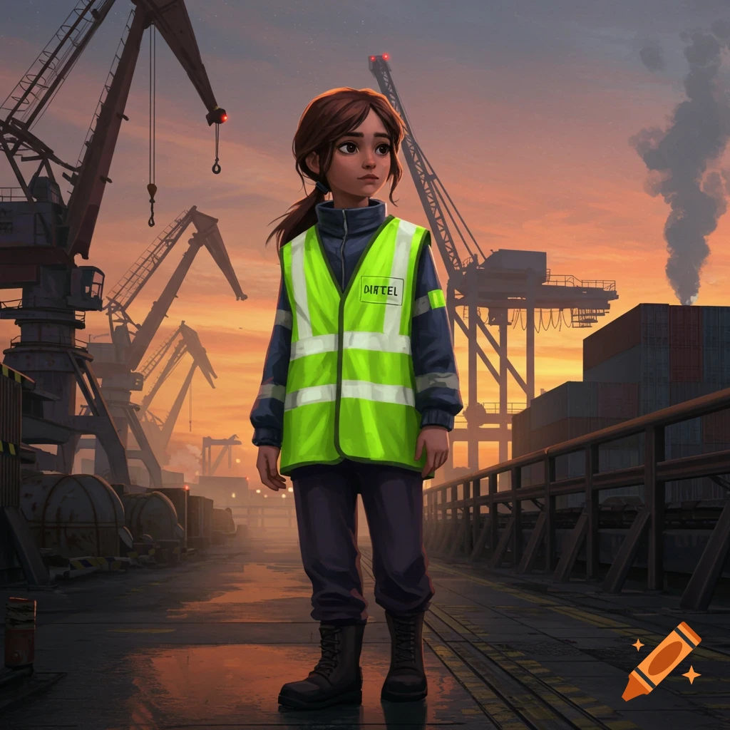 A young girl in a bright green high-visibility vest stands in an industrial port with cranes at sunset, digital art.