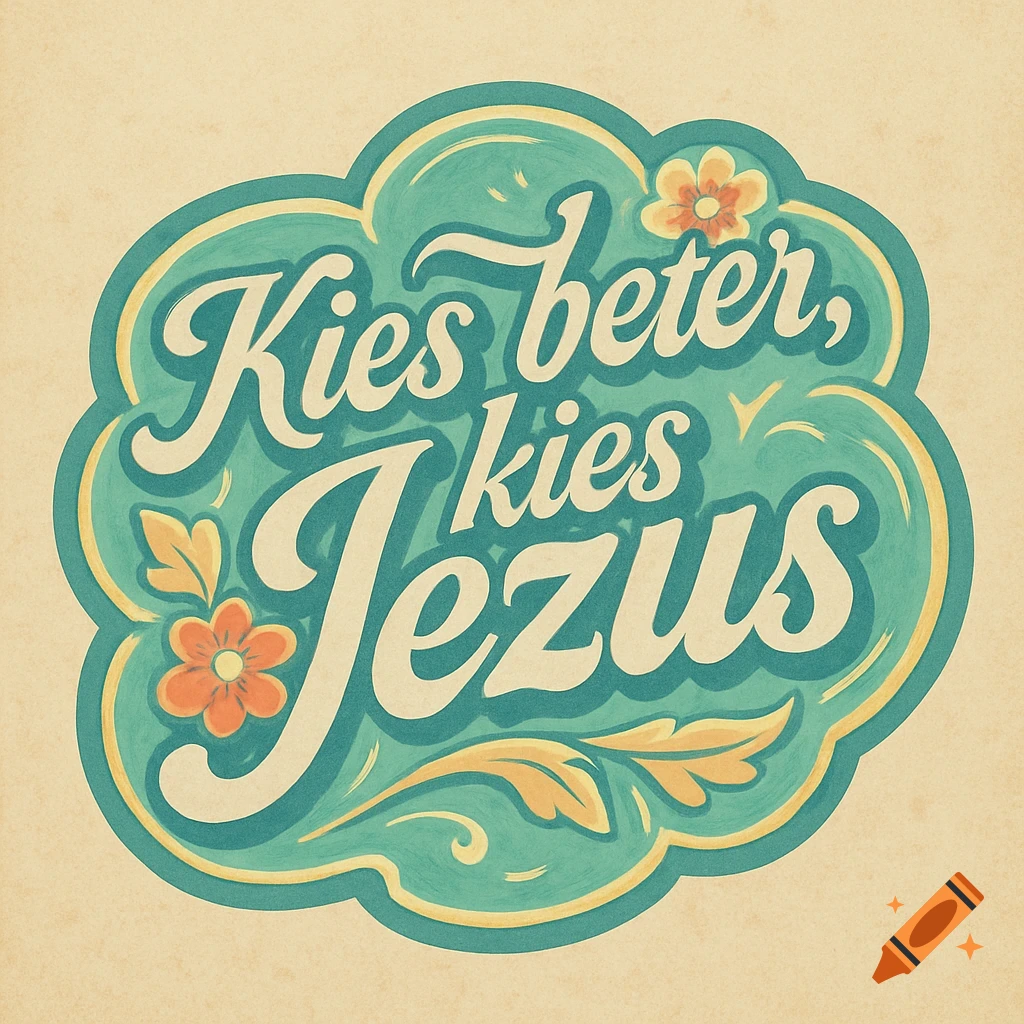 A retro 70s style logo in teal and yellow with the Dutch text "Kies beter, kies Jezus" and floral accents on a textured beige background.