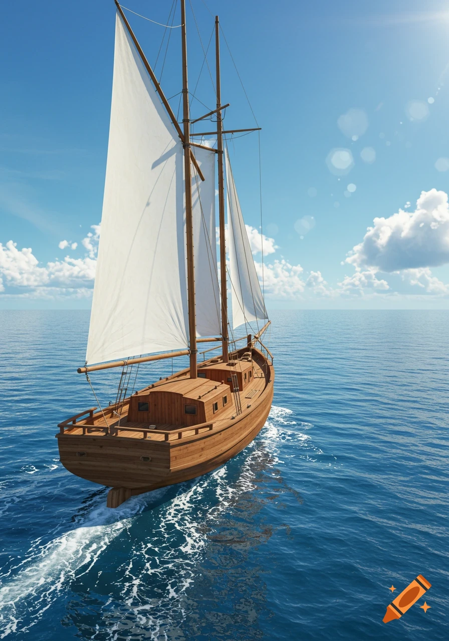 A photorealistic wooden sailboat with white sails glides across a blue ocean under a sunny sky, leaving a white wake.