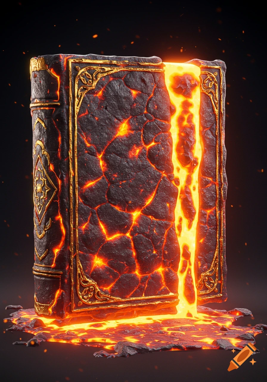 A fantasy book made of dark, cracked lava with glowing orange cracks and ornate golden trim, molten lava drips from its open pages onto a dark surface.