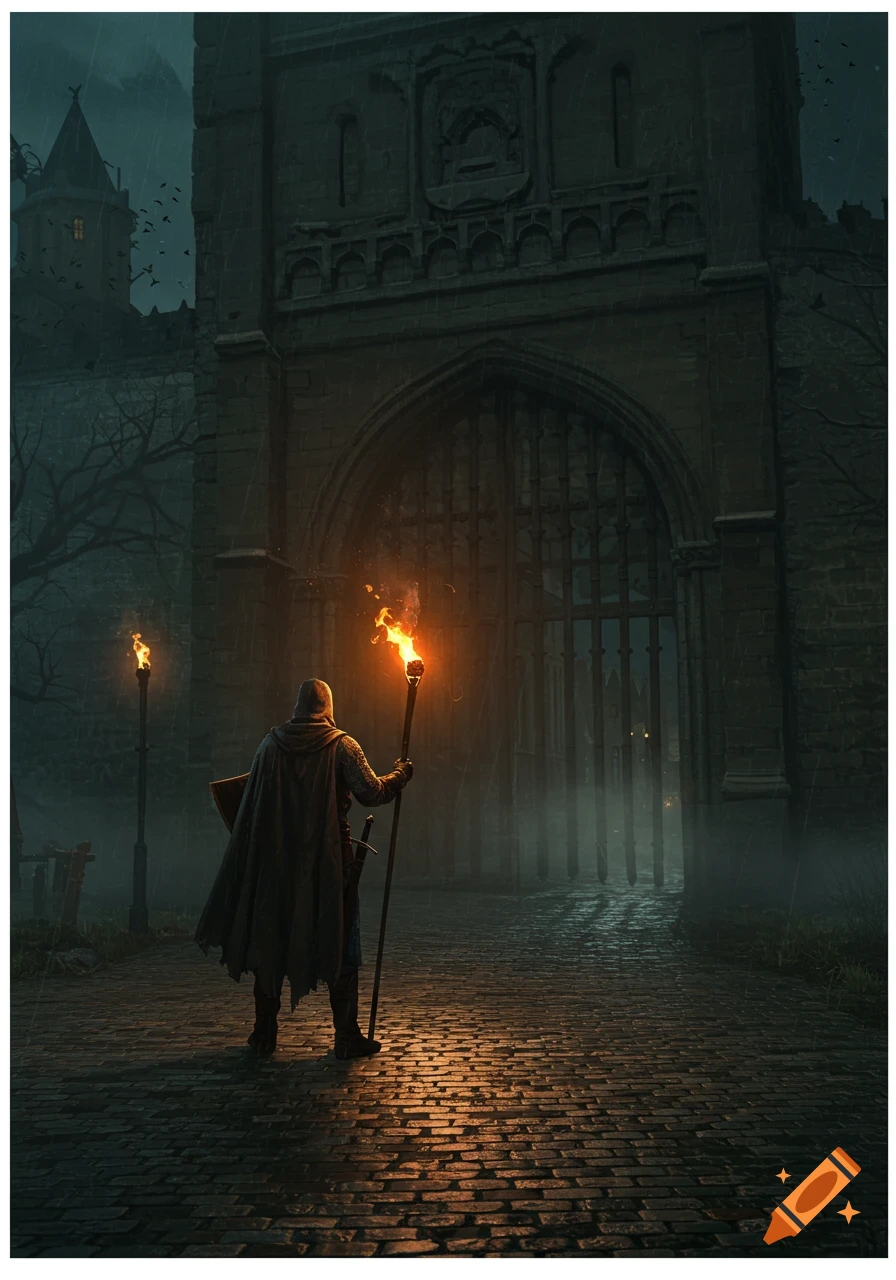 A hooded medieval guard holding a torch and spear stands before a large, dark castle gate in the rain at night, dark fantasy illustration.