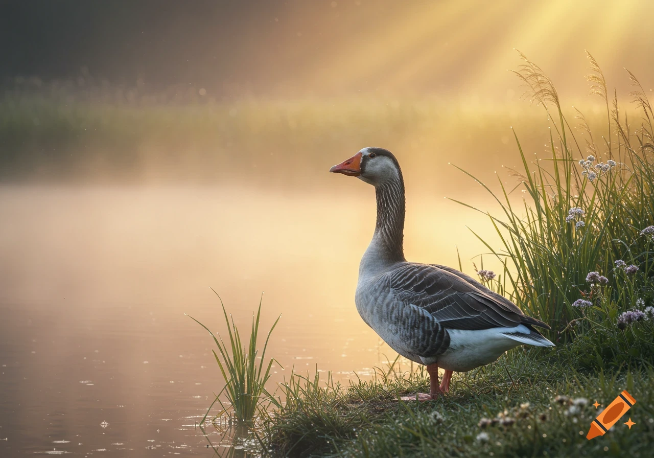 A photorealistic grey goose stands by a misty lake with tall grass, bathed in warm morning light.