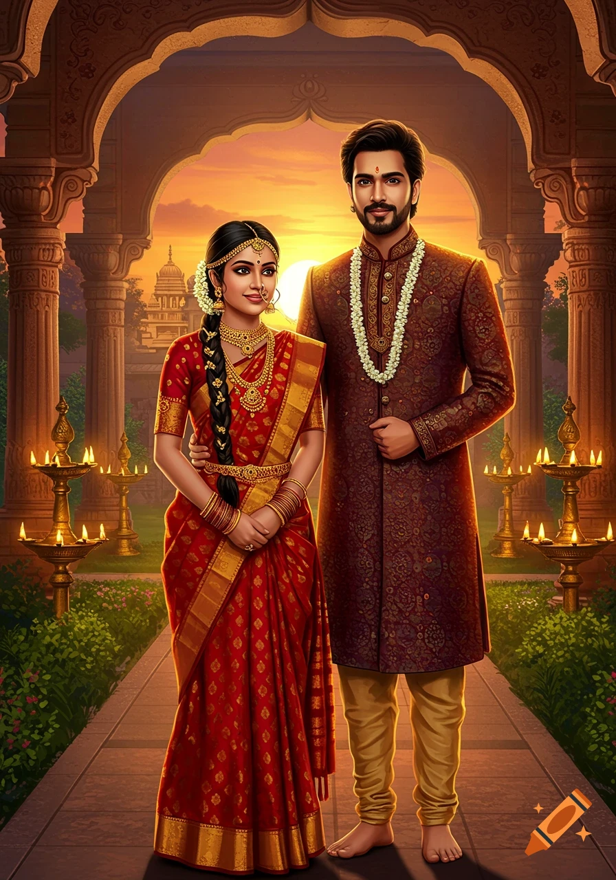 A traditionally dressed Indian couple poses in a grand temple courtyard at sunset, with glowing lamps.