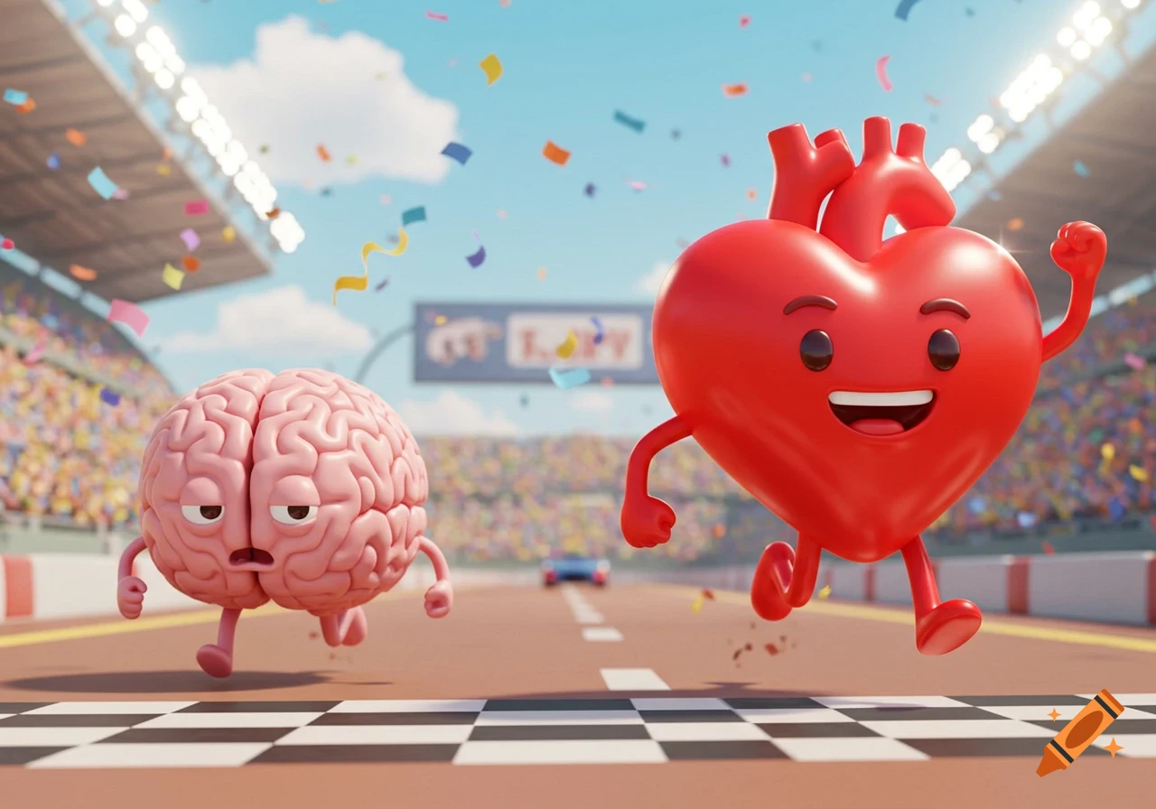 A happy cartoon heart leads a race on a track, with a sad cartoon brain running behind. Confetti flies in the air.