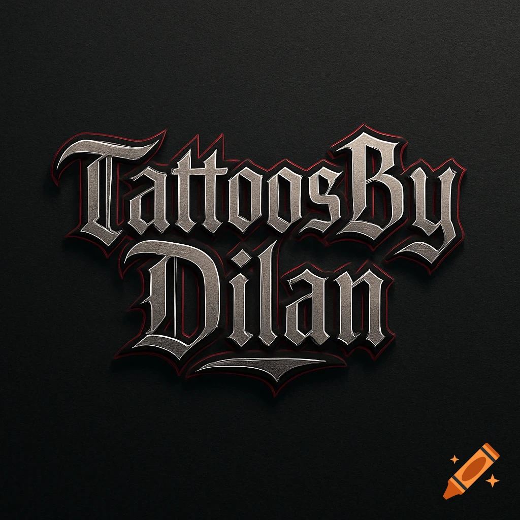 A metallic silver and red stylized text logo that reads "TattoosByDilan" on a dark textured background.
