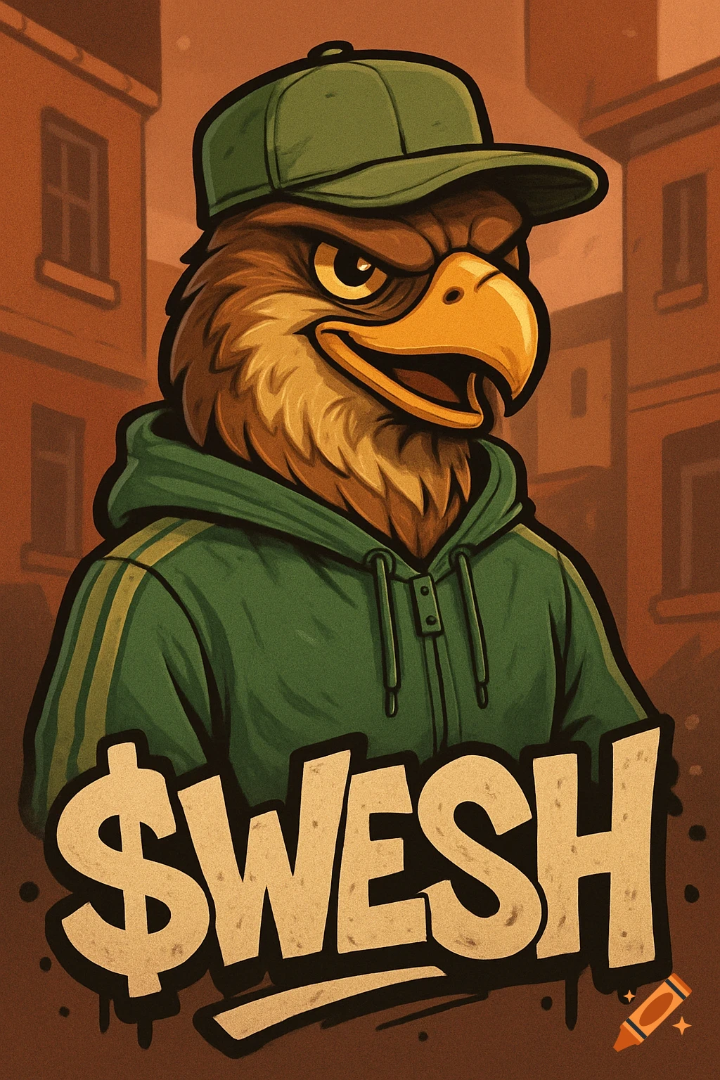 A confident anthropomorphic hawk mascot in a green tracksuit and cap, with "$WESH" text in graffiti style, cartoon art.