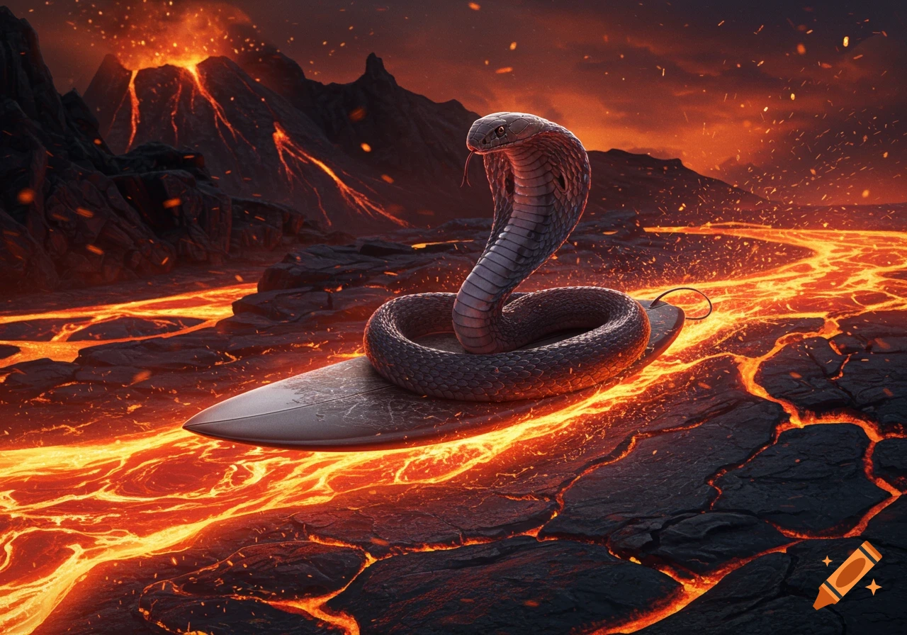 A black cobra stands on a surfboard, floating in a river of molten lava between dark volcanic mountains under a fiery sky.