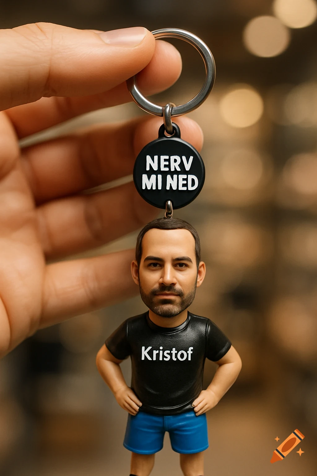 A hand holds a photorealistic custom bobblehead-style keychain featuring a man in a black 'Kristof' shirt, with 'Nerv mi ned' on the tag.