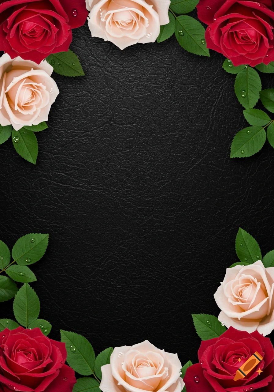 Black leather background framed by red and light pink roses with green leaves and water droplets.
