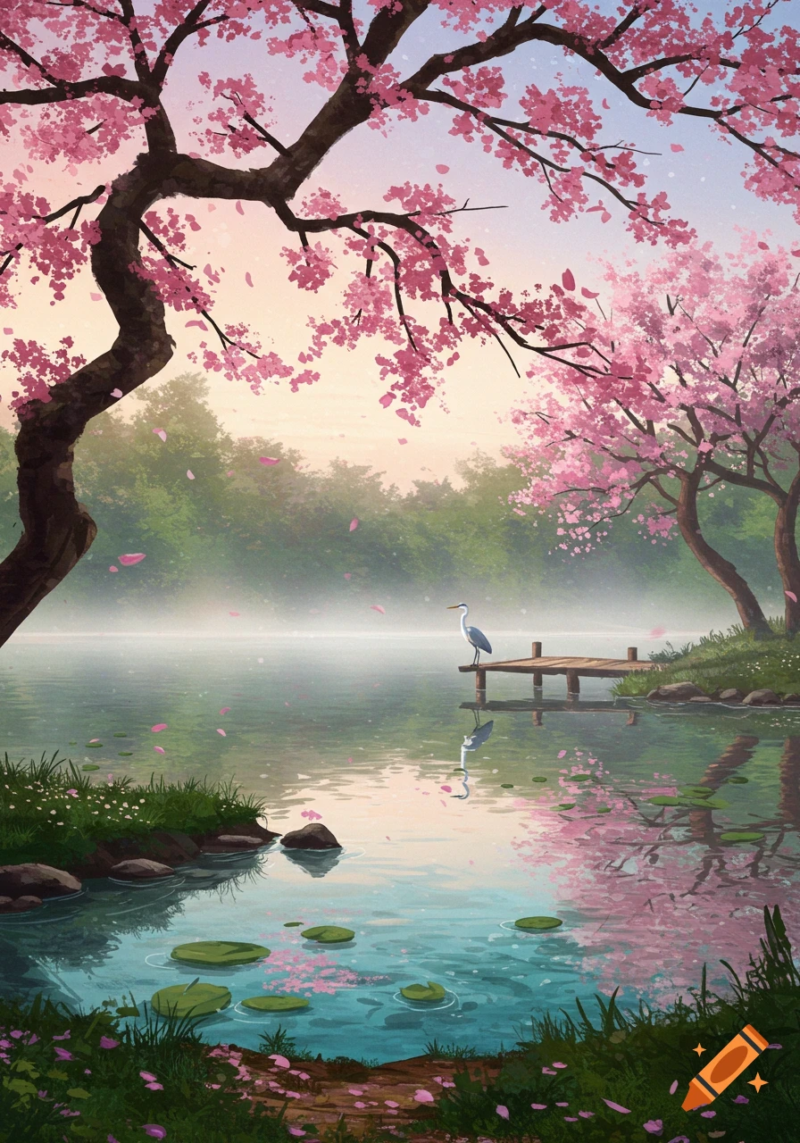 Vibrant pink cherry blossom trees frame a serene lake with a heron on a wooden dock in an artistic style.