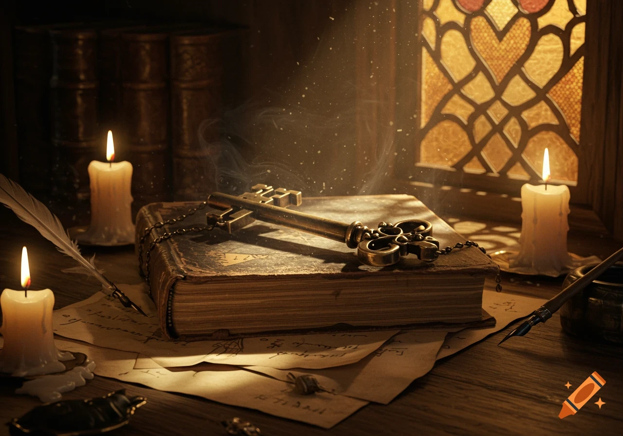 A large brass key on an old book, with lit candles, a quill, and papers on a wooden desk, bathed in light from a stained-glass window.