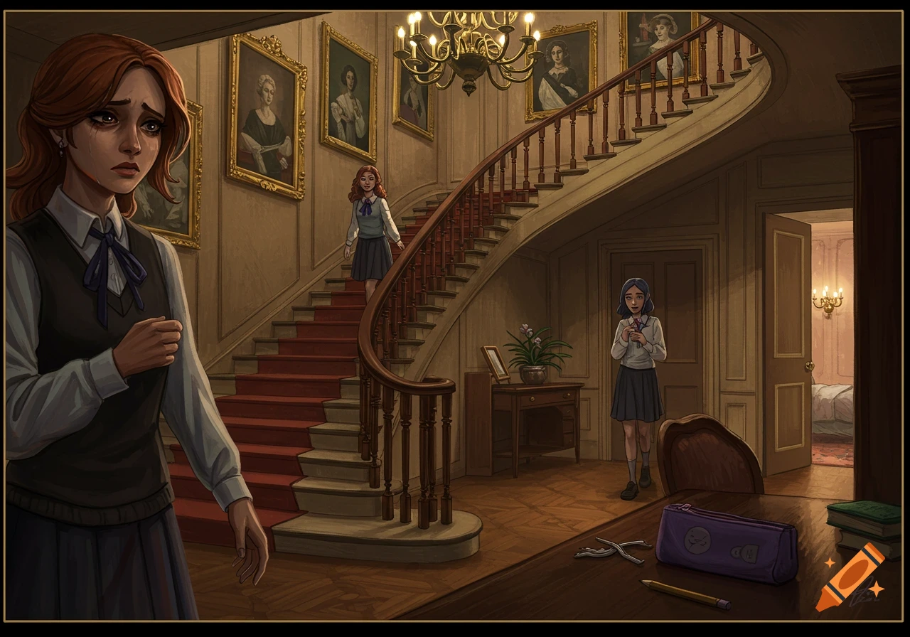 A red-haired girl with tear-streaked eyes stands heartbroken in a grand mansion foyer with a sweeping staircase and portraits. Two other girls are also in the scene, one on the stairs and one standing by a door, looking sad.