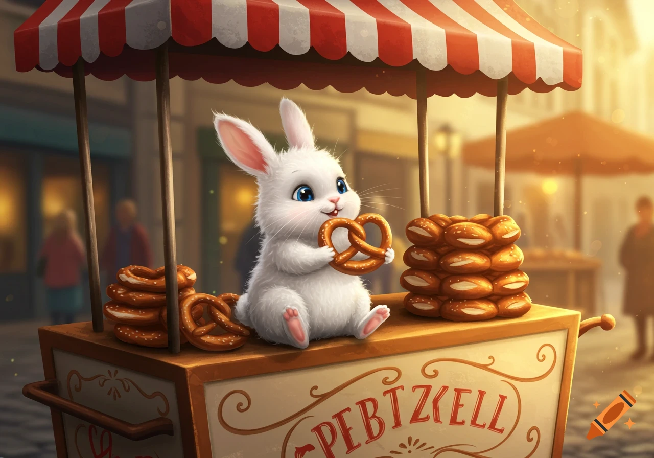 A cute white fluffy bunny sits on a pretzel cart, holding a pretzel. The cart is under a red and white striped awning in a sunny street.