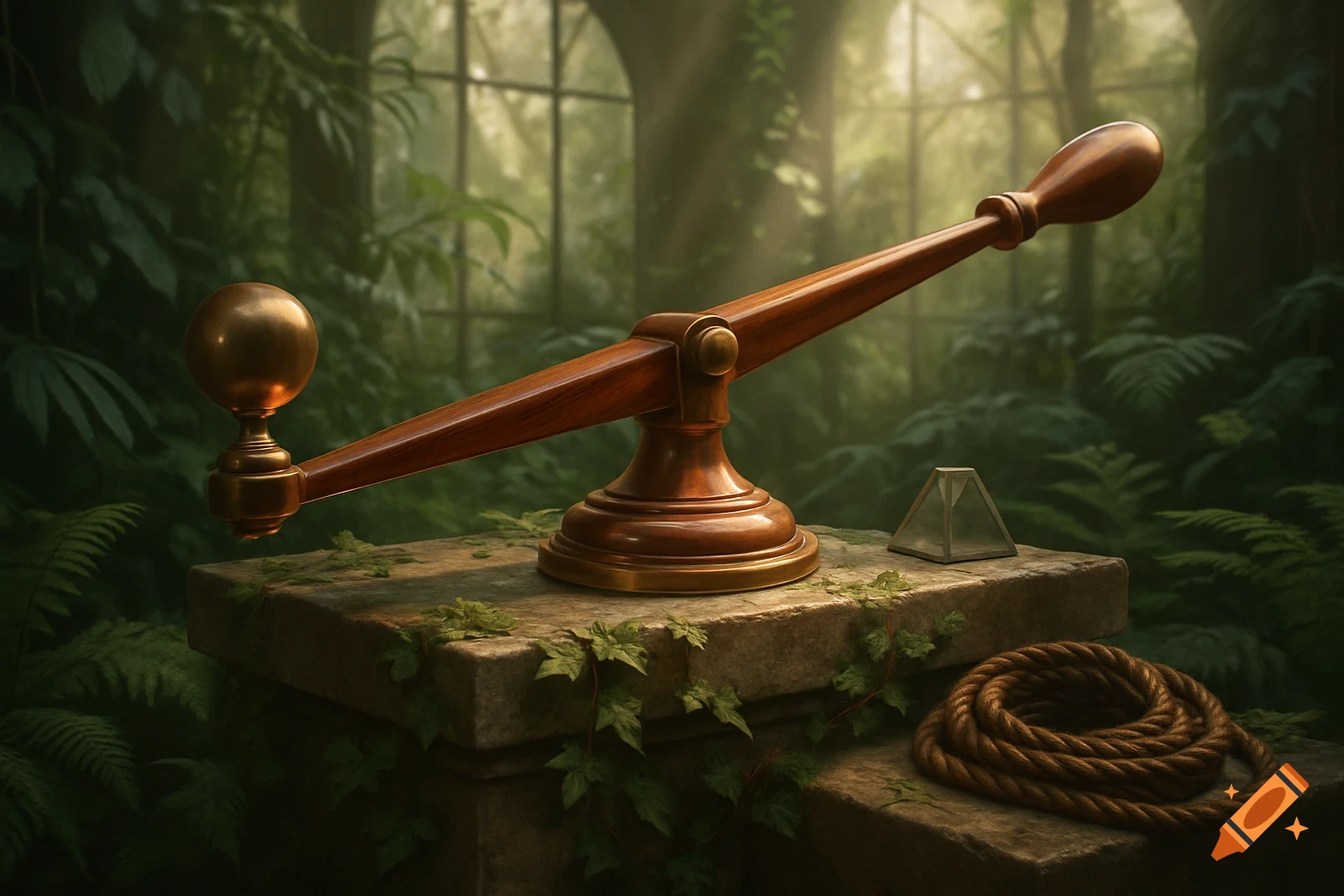 A wooden first-class lever on a stone pedestal with ivy in a lush, misty jungle. A small pyramid and coiled rope are nearby.
