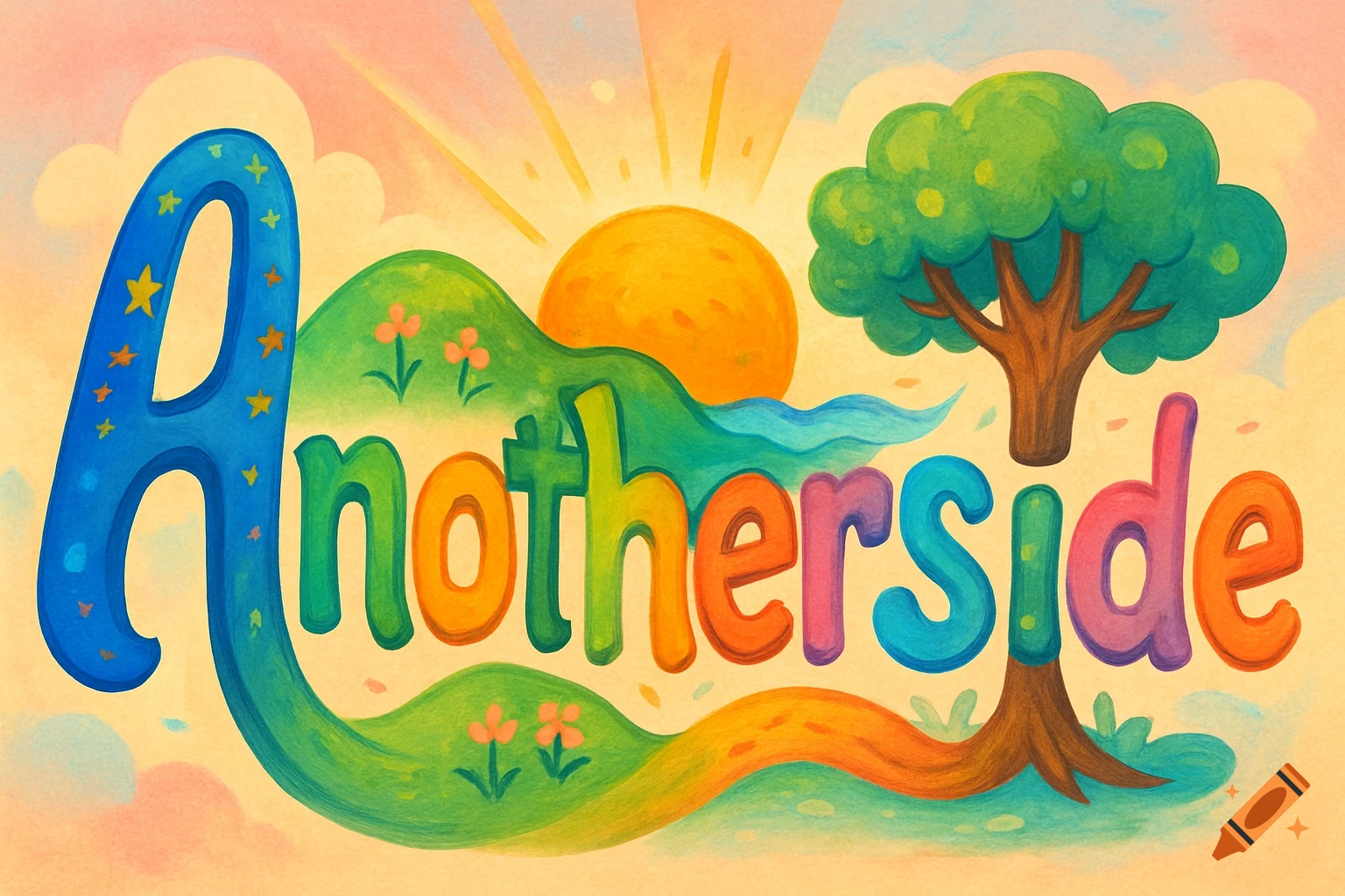 Colorful cartoon illustration of the word 'Anotherside' formed by hills, a sun, a tree, and water in a landscape.