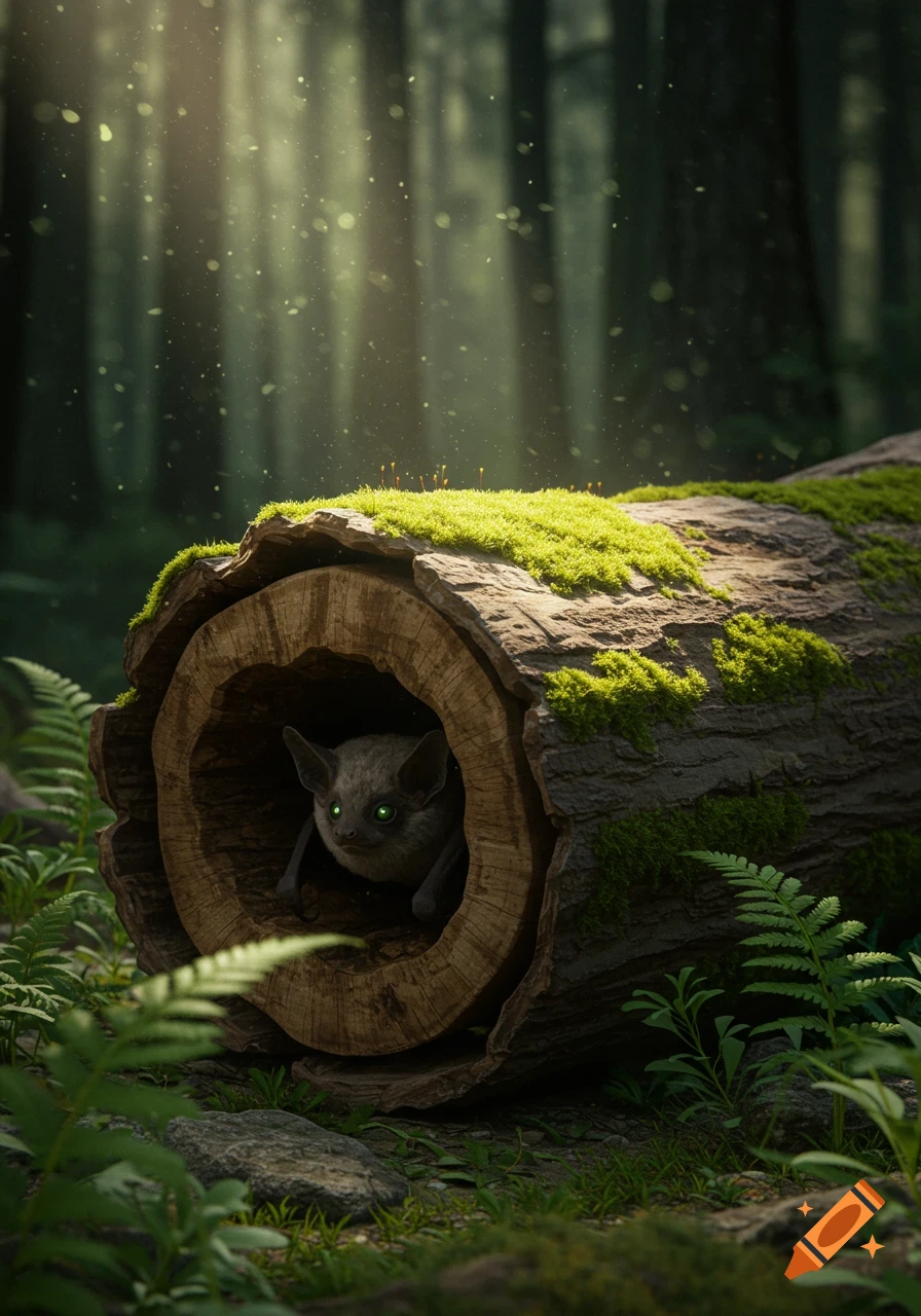 A small bat with glowing green eyes peeks out from a moss-covered log in a sun-dappled forest, photorealistic.