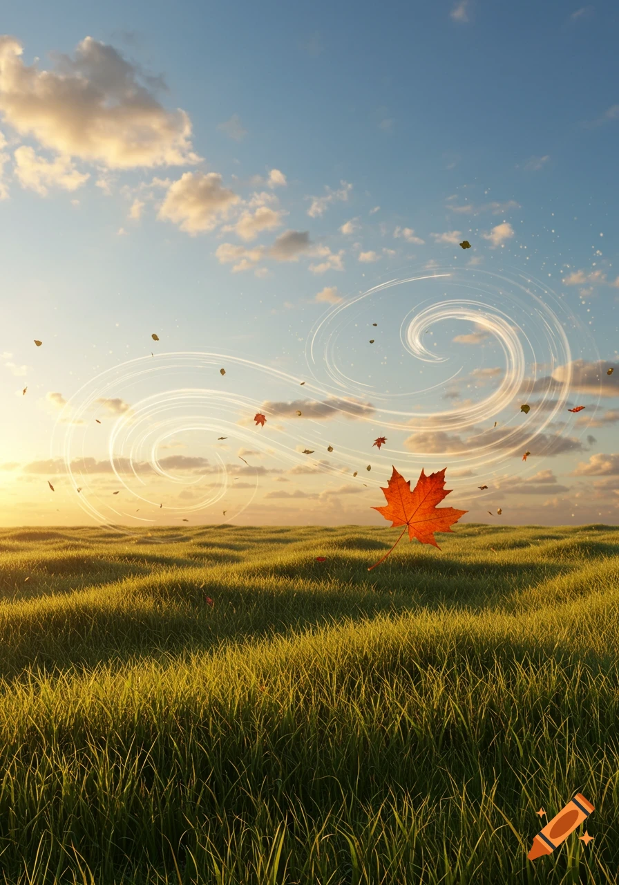 A vibrant red autumn leaf blows over a grassy field at sunset, carried by swirling magical wind trails.