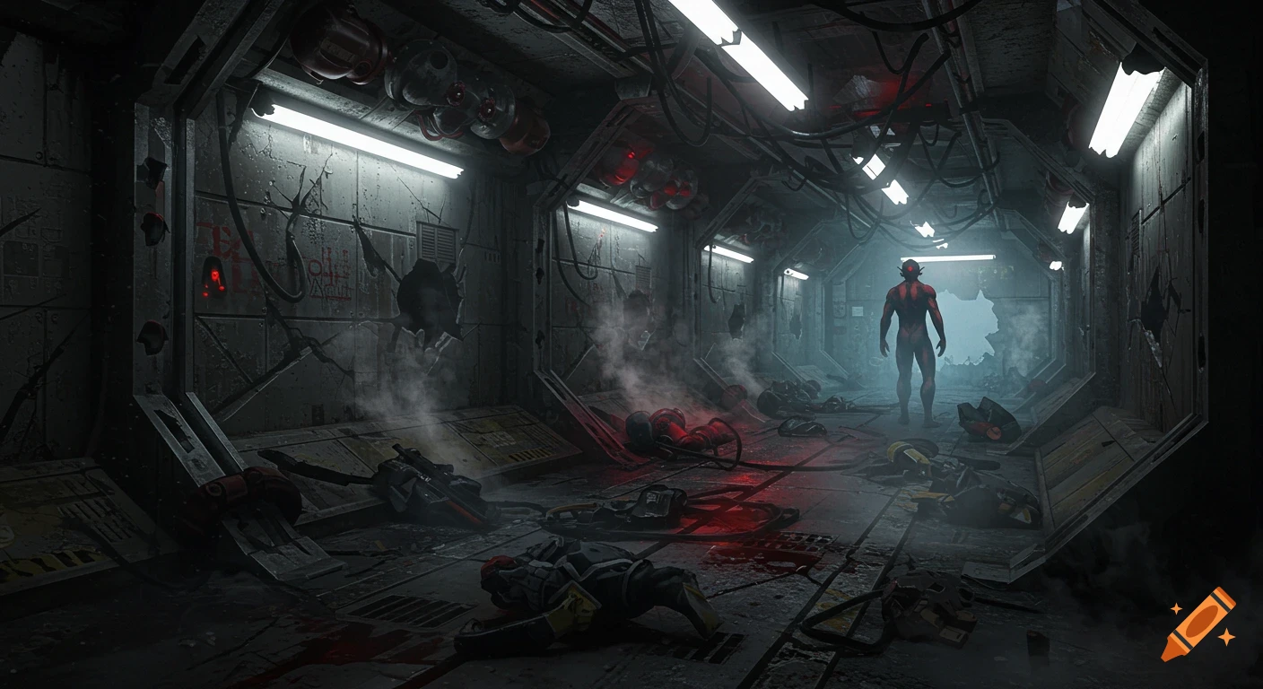 A muscular alien figure stands in a dark, destroyed sci-fi corridor littered with damaged armor, red stains, and smoke, looking out a broken wall.