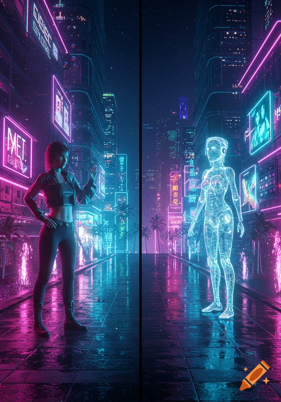 A cyberpunk street at night, split into two sides: a woman in a crop top on the left, and a translucent, glowing holographic figure on the right. Neon signs light the wet street, reflecting pink and blue hues.