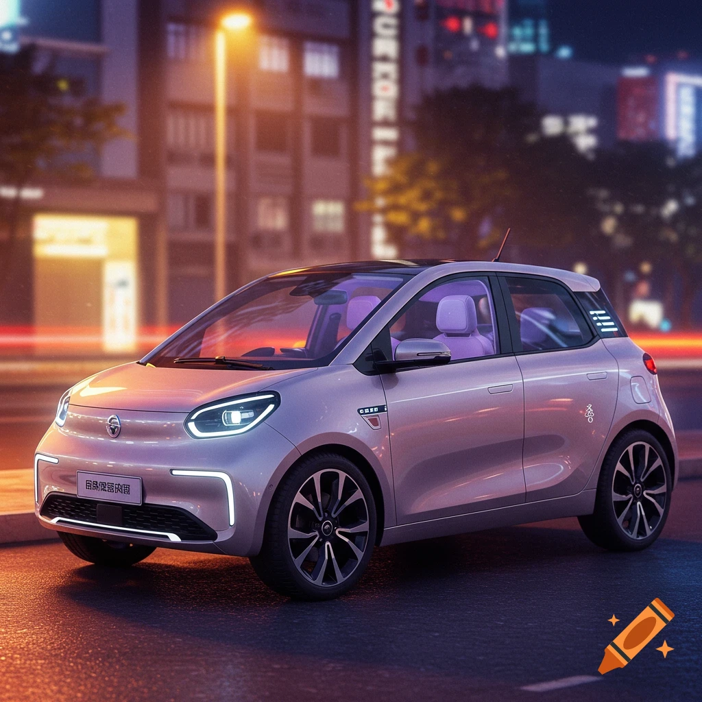 A sleek, light pink compact electric car parked on a city street at night, with purple interior lighting and bright streetlights in the blurred background.