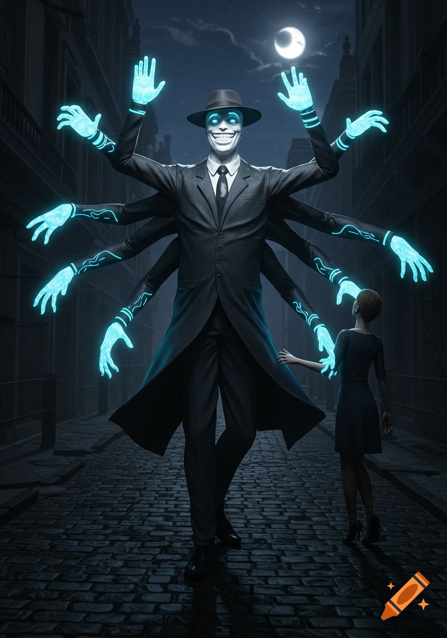 A tall, multi-armed man with a wide grin and glowing hands confronts a smaller figure in a dark, moonlit alley.
