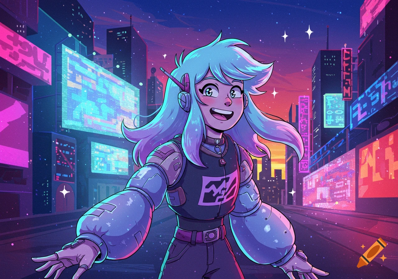 An anime girl with blue hair and futuristic attire smiles in a neon-lit cyberpunk city at dusk.