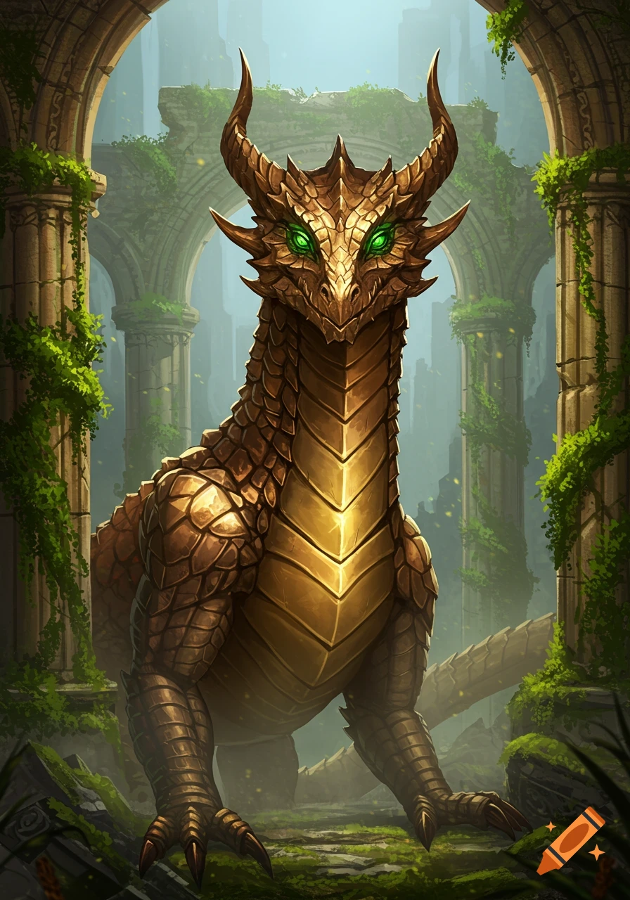 A majestic bronze-scaled dragon with glowing green eyes stands amidst ancient, moss-covered ruins in a digital art style.