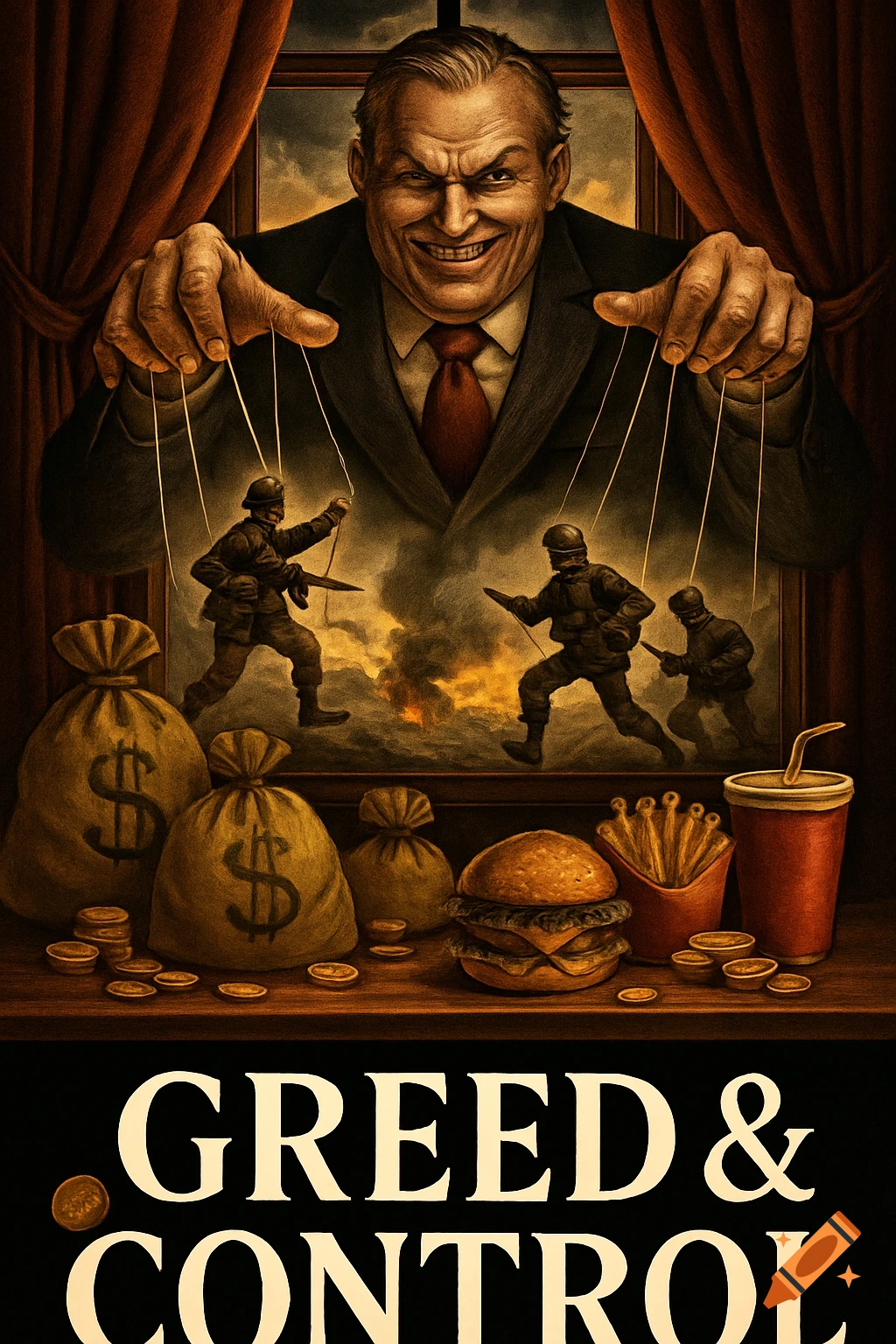 Satirical illustration of a sinister man controlling puppet soldiers, with money and fast food. Text reads 'GREED & CONTROL'.