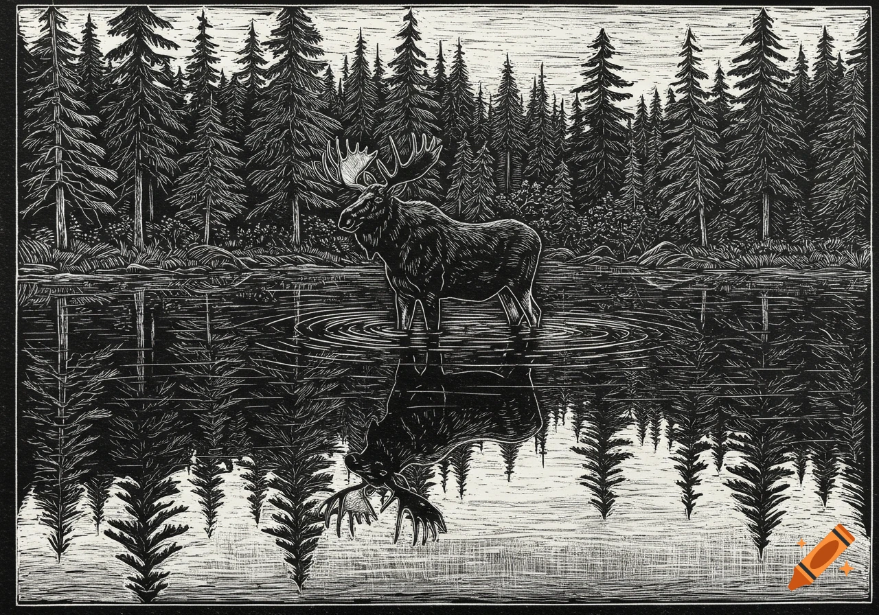 A black and white linocut style image of a moose standing in a lake with a forest in the background and a reflection in the water.