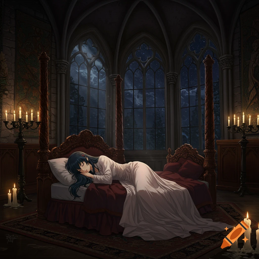 An anime girl, Kagome, sleeps peacefully in a long white gown on a large four-poster bed in a dark, candlelit Gothic room with arched windows.