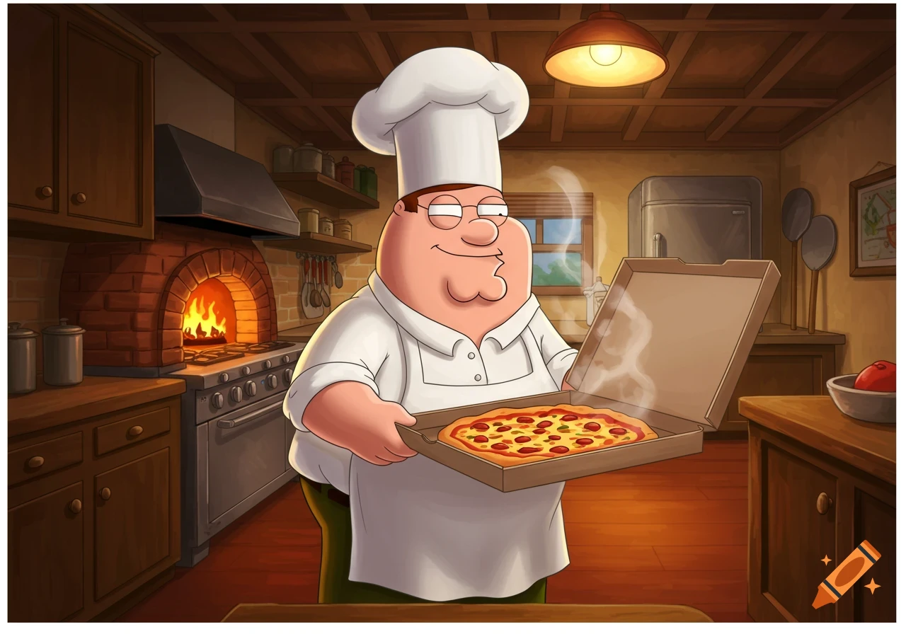 Peter Griffin from Family Guy dressed as a chef, happily holding an open pizza box in a rustic kitchen.