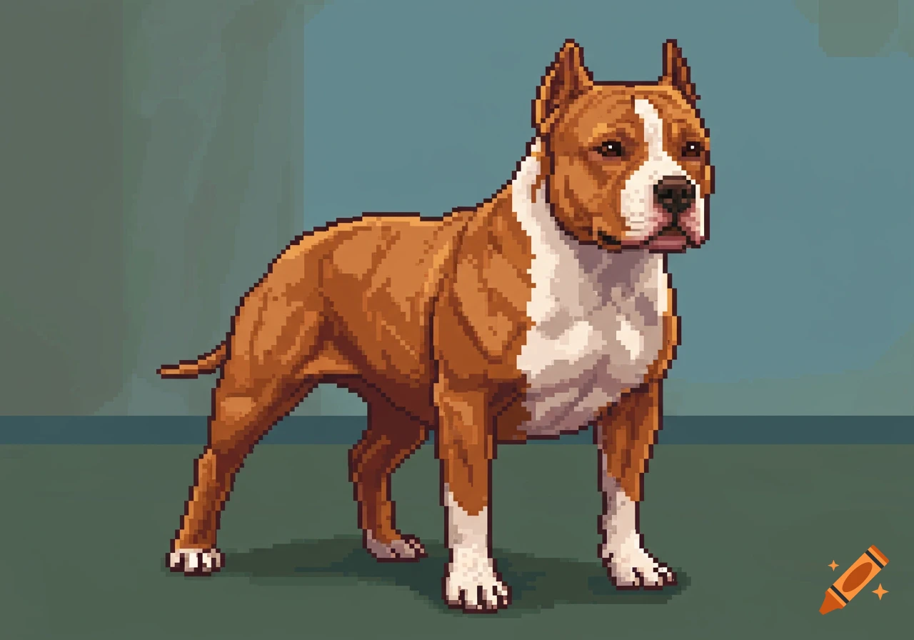 A muscular brown and white pixel art pit bull stands in profile against a blue-green background.