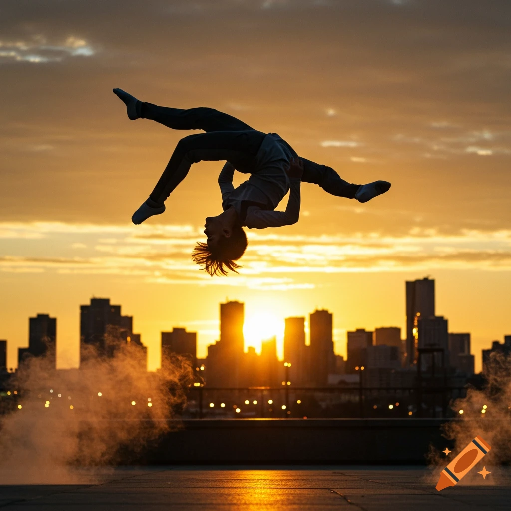 Silhouetted person mid-backflip over a city skyline at sunset with ground smoke.