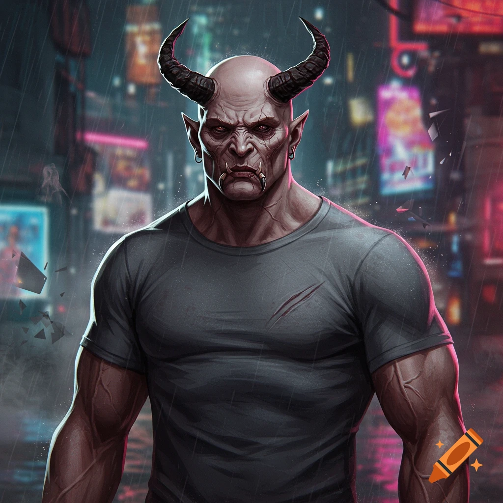 Muscular, bald troll with black horns, tusks, and scars in a gray t-shirt, standing in a rainy cyberpunk city. Digital art.