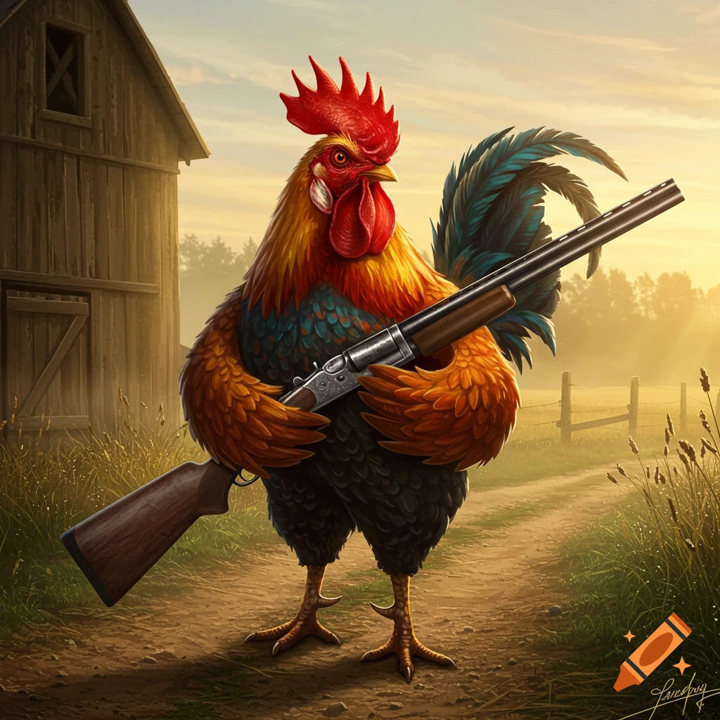 A colorful, bipedal rooster holding a shotgun stands on a farm path near a barn at sunrise, stylized illustration.