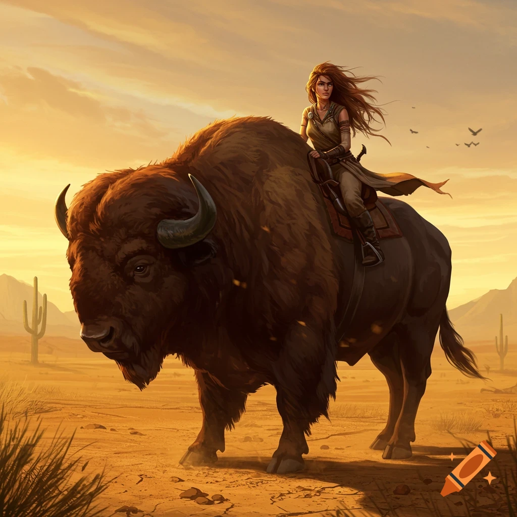 A brown-haired woman rides a large buffalo through a sun-drenched desert with cacti, in a fantasy art style.