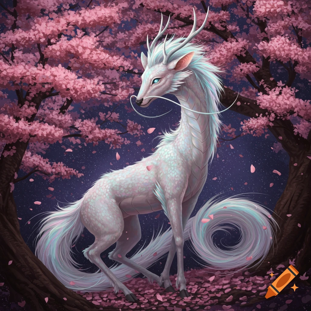 A white, deer-like mythical creature with antlers and a long, swirling tail stands under pink cherry blossom trees at night.