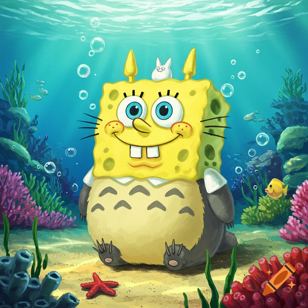 Spongebob's head on Totoro's body, with a small white creature on top, in a vibrant underwater cartoon illustration.