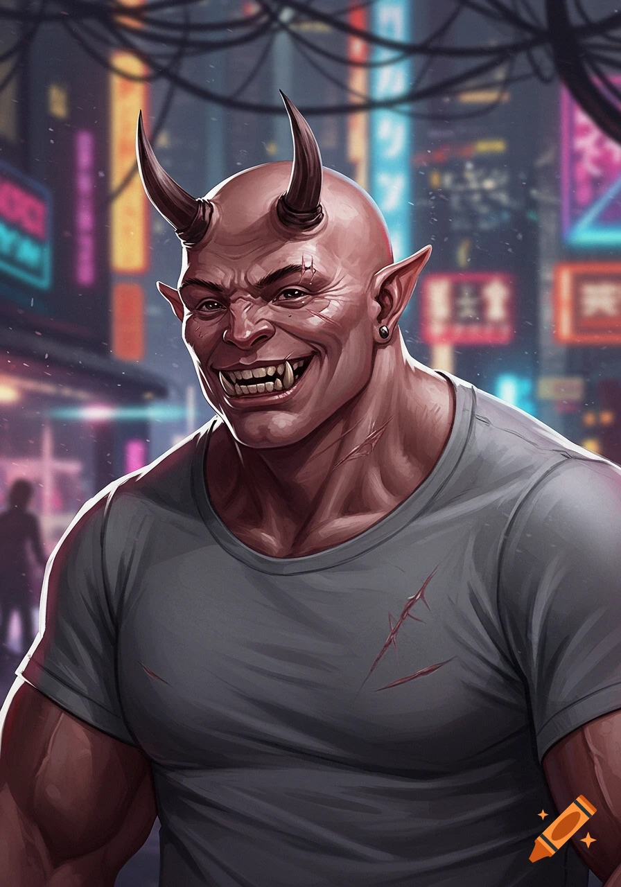 A bald, muscular troll with horns, fangs, scars, and a happy expression, wearing a grey t-shirt in a neon-lit cyberpunk city.