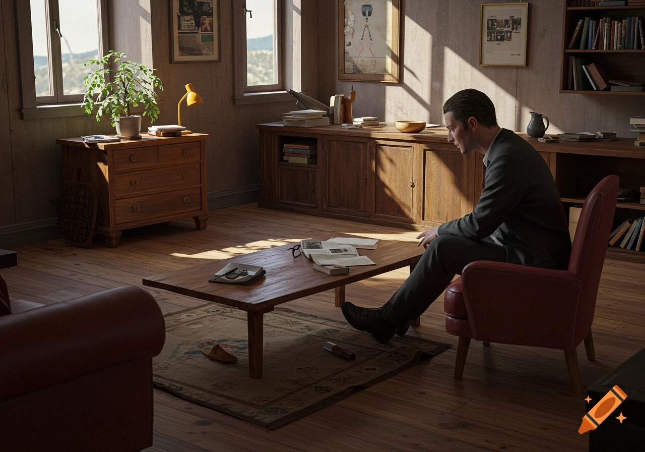 A man in a dark suit sits in a red armchair in a sunlit wooden study, looking at papers on a coffee table.