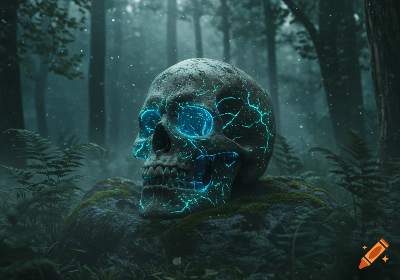 Mossy skull with glowing blue cracks on rocks in a misty forest.