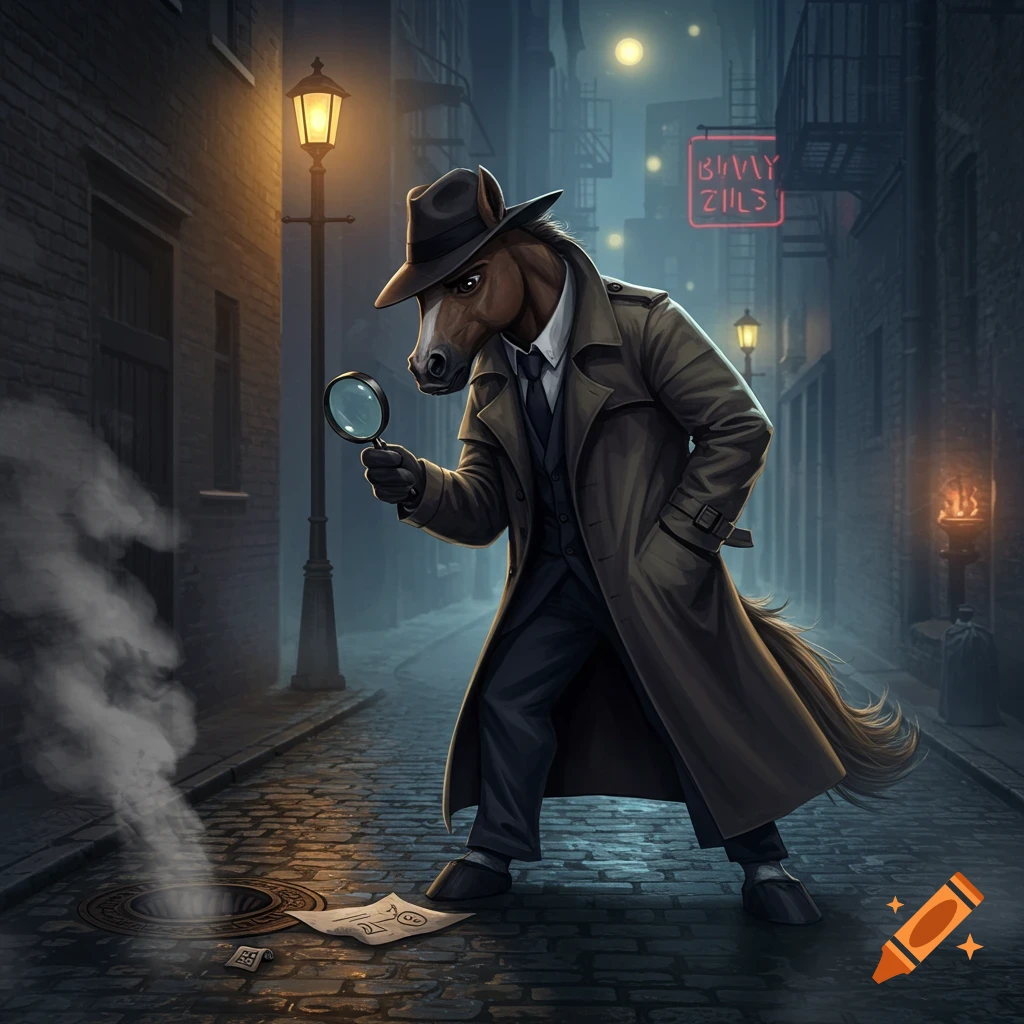 An anthropomorphic horse detective in a trench coat and fedora examines papers with a magnifying glass next to a smoking manhole in a dark, atmospheric alley.